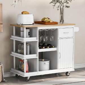 Rolling Kitchen Island Cart with Drawer,Kitchen Cart Cabinet with Storage Shelves & Wine Rack &Lockable Wheels,Island Table for Kitchen Dining Room - 1 of 4