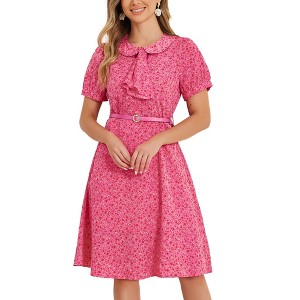 INSPIRE CHIC Women's Peter Pan Collar Tie Neck Short Sleeve A-Line Elegant Belted Floral Dress - 1 of 4