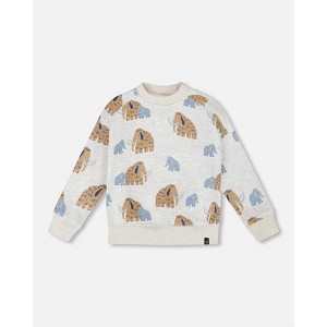 Deux par Deux Boy Long Sleeve Crew Neck Fleece Sweatshirt Beige Mammoth Print - 1 of 4