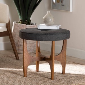 Baxton Studio Theo Fabric and Wood Ottoman Footstool Dark Gray/Walnut Brown: Upholstered Round Pouf, MDF Frame - 1 of 4