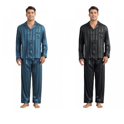 INSPIRE CHIC Men's 2 Pack Satin Pajamas Set Casual Long Sleeve Striped Button Sleepwear