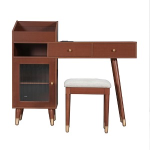 Gulches Modern Makeup Vanity Desk with Drawers, Cabinet & Charging Port, Space-saving Dressing Table Set with Stool for Small Places, Walnut - 1 of 4