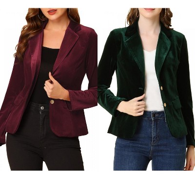 INSPIRE CHIC Women's Notched Lapel Vintage Office Button Front Velvet Blazer 2 Packs