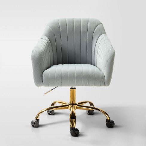 Alex Velvet Height adjustable Swivel Task Office Chair with Channel tufted Back and Gold Metal Base Karat Home Grey