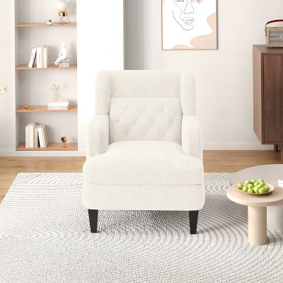 Modern White Teddy Fabric Upholstered Accent Chair with Wood Legs