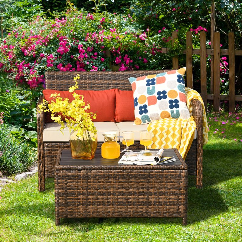 Tangkula 2PCS Patio Rattan Furniture Set Loveseat w/Coffee Table for Garden Porch Backyard Brown, 2 of 8