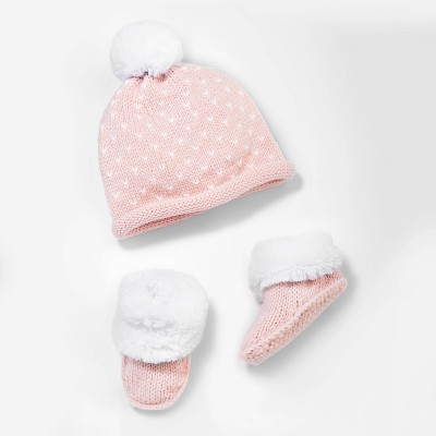 Image of Baby Girls' Knitted Hat & Booties - Cloud Island™ Light Pink 0-3M