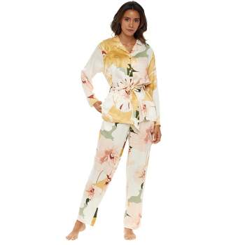 Women's Front Tie Pajamas Lounge Set, Long Sleeve Top and Pants, Silky Pjs Floral Flowers