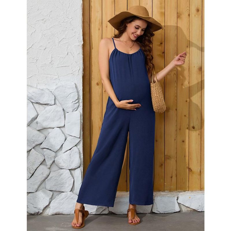 Maternity Jumpsuit Summer Sleeveless Spaghetti Strap Long Pants Wide Leg Overalls Romper with Pockets, 5 of 8