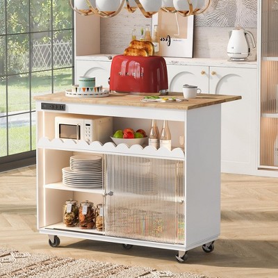 WhizMax Rolling Kitchen Island,Kitchen Cart with Drop-Leaf and 2 Sliding Glass Doors Kitchen Island with Open Shelf, LED Light and Power Outlets