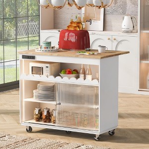 WhizMax Rolling Kitchen Island,Kitchen Cart with Drop-Leaf and 2 Sliding Glass Doors Kitchen Island with Open Shelf, LED Light and Power Outlets - 1 of 4
