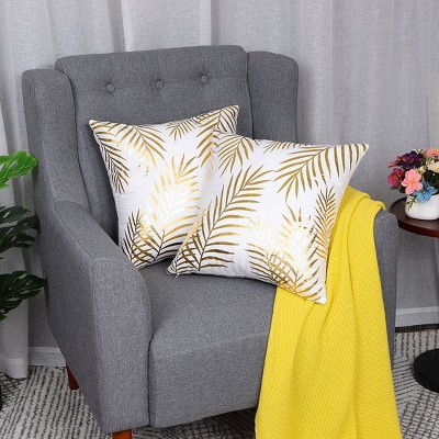 2 Pcs 18" x 18" Polyester Pine Leaves Soft Square Decorative Pillow Cover Gold - PiccoCasa