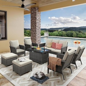 Patio Furniture Set 8 Peices with 44" Propane Gas Fire Pit Table, Outdoor Sectional Furniture Conversation Sofa Set with Cushion for Porch Backyard - 1 of 4