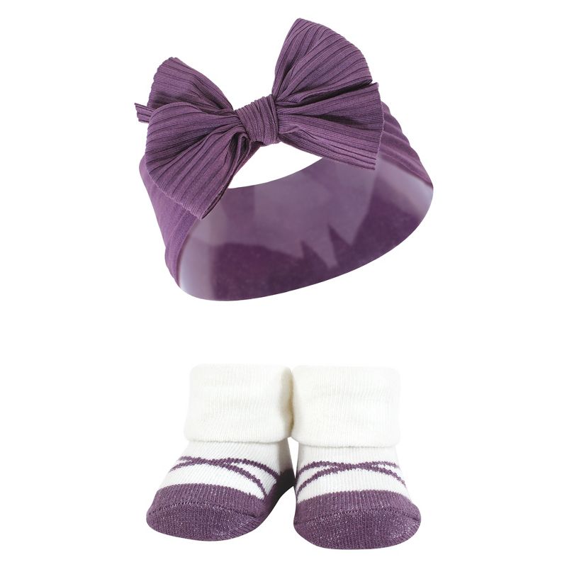 Hudson Baby Infant Girl Headband and Socks Giftset, Purple Green, One Size, 5 of 6