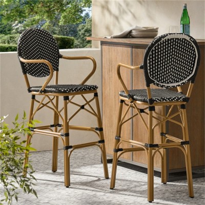 SKRAN Outdoor Wicker and Aluminum 29.5" French Barstools, Set of 2, Navy Blue, Bamboo Print Finish for Garden, Patio, Outdoor