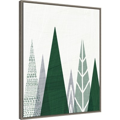 Geometric Evergreen Trees Green and Gray Framed Canvas Wall Art