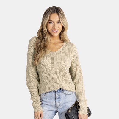 Women's Khaki V-Neck Long Sleeve Sweater - Cupshe