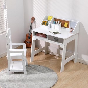 Kids Study Desk Chair Set, Compact Study Table Set with Adjustable Chair, 2 Open Drawers, a Hutch, a Corkboard, 2 Pen Holders - 1 of 4