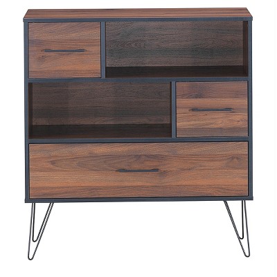 Walnut Multipurpose Sideboard Storage Cabinet with Metal Legs and Drawers