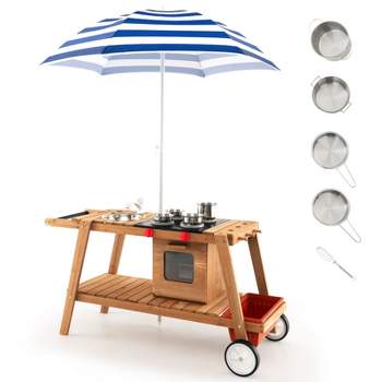 Costway Kid's Play Trolley Outdoor Wooden Kids Play Cart with Sun Umbrella  for Toddlers 3+ White\Blue