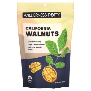 Wilderness Poets California Walnuts - Organic, Raw, Chandler Heirloom Variety - Golden, Blonde Halves - (8 Ounce - 227g) - 1 of 2