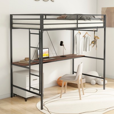 LOVMOR Twin Loft Bed with Cinnamon Wood Desk and Closet Rod, w/ Bulit-in Ladder & Safety Guardrail No Box Spring Needed, for Kids Bedroom