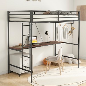 LOVMOR Twin Loft Bed with Cinnamon Wood Desk and Closet Rod, w/ Bulit-in Ladder & Safety Guardrail No Box Spring Needed, for Kids Bedroom - 1 of 4
