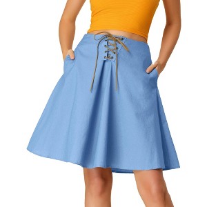 Allegra K Women's Lace-Up Knee Length Flared Pleated Denim Jean Skirt - 1 of 4