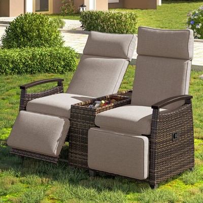 Chic Crate-Adjustable Backrest Wicker Outdoor Recliner Loveseat Set with Acacia Wood Armrests & Built-in Storage Table (Brown)