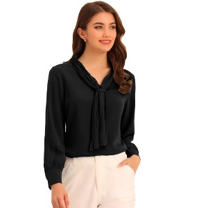 Allegra K Women's Long Sleeve Pleated Tie Neck Office Blouses - 1 of 4