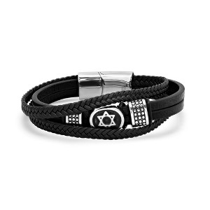 Steeltime Men's black layered braided leather bracelet with Star of David and black rubber accents - 1 of 4