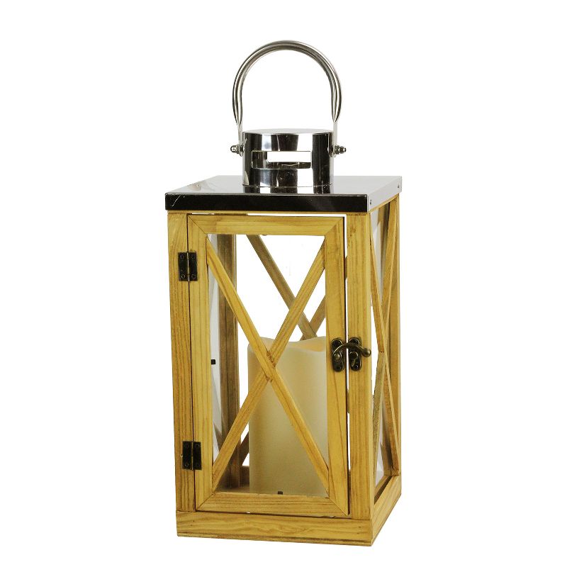 Northlight 13.5" Rustic Wood and Stainless Steel Lantern with LED Flameless Pillar Candle with Timer, 1 of 5