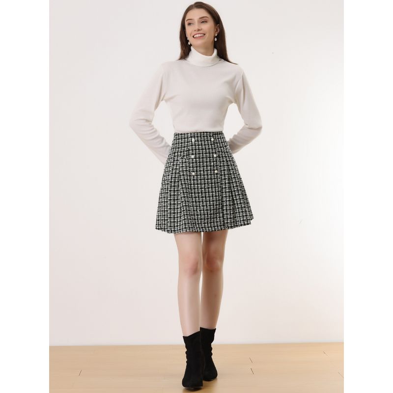 Allegra K Women's Plaid Tweed Elegant High Waist A-Line Button Front Mini Skirt, 4 of 7