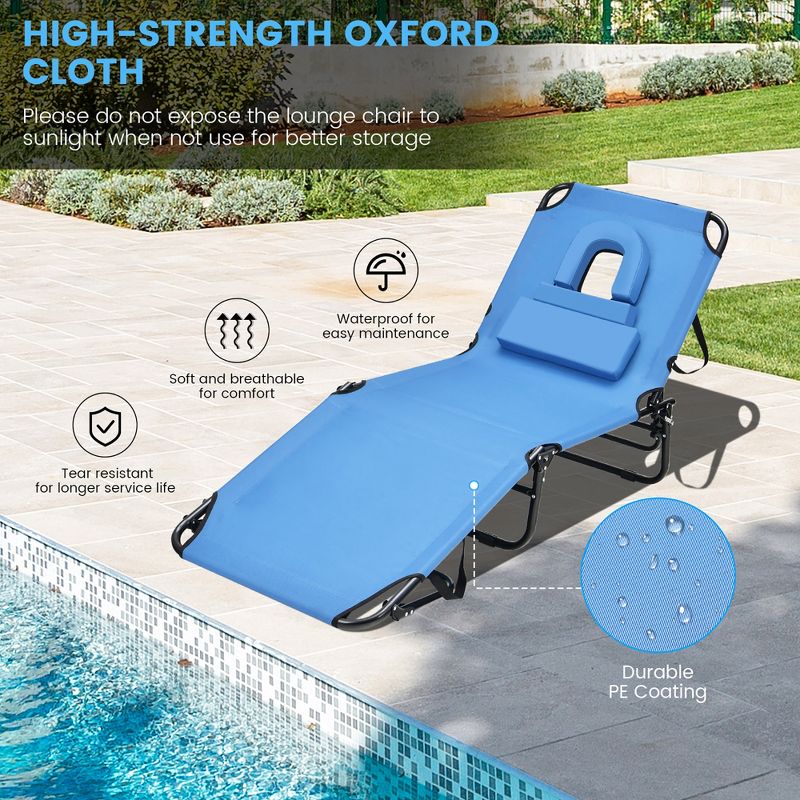 Costway Beach Chaise Lounge Chair with Face Hole Pillows & 5-Position Adjustable Backrest, 5 of 11