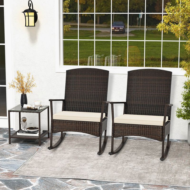 Costway 3 Piece Patio Rocking Set Wicker Rocking Chairs with 2-Tier Coffee Table Turquoise/Off White, 4 of 10