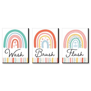 Big Dot of Happiness Hello Rainbow - Boho Kids Bathroom Rules Wall Art - 7.5 x 10 inches - Set of 3 Signs - Wash, Brush, Flush - 1 of 4