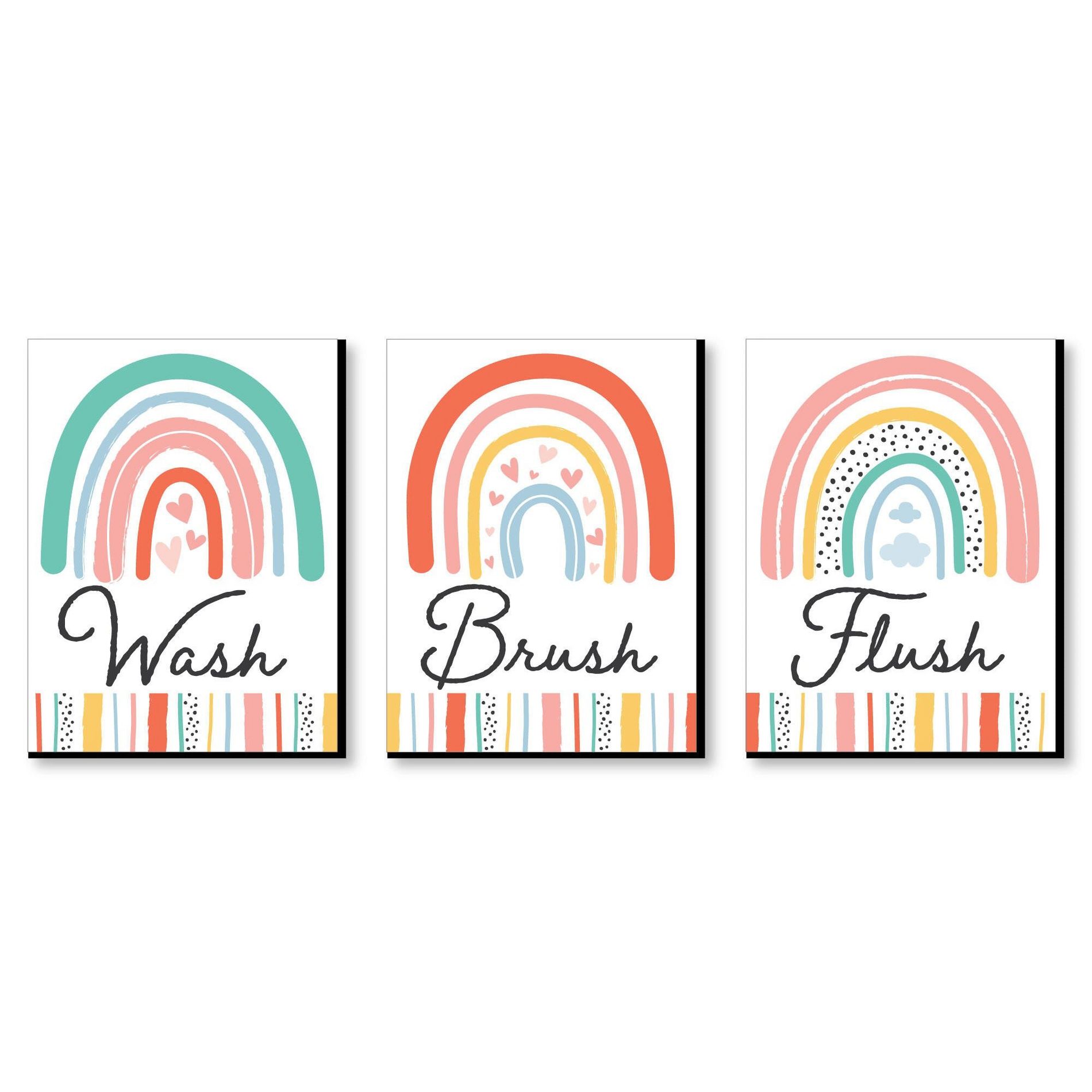 Big Dot of Happiness Hello Rainbow - Boho Kids Bathroom Rules Wall Art - 7.5 x 10 inches - Set of 3 Signs - Wash, Brush, Flush