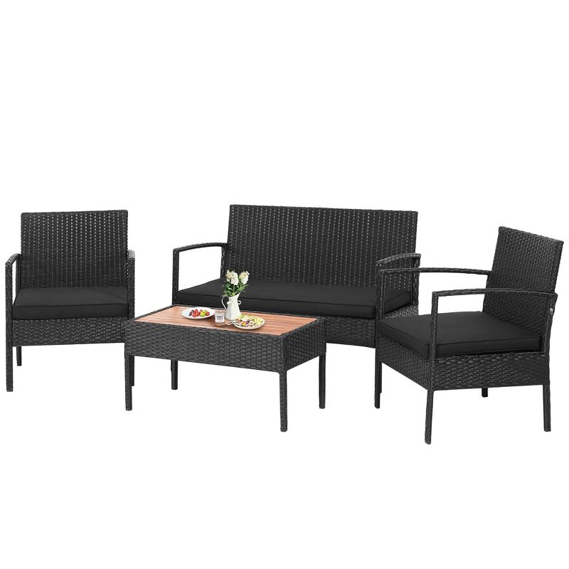 Costway 4PCS Patio Rattan Furniture Set Cushioned Chair Wooden Tabletop Black, 1 of 10