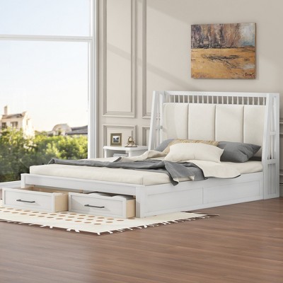 TIRAMISUBEST Full/Queen Size Wood Platform Bed with Upholstered Headboard and 2 Storage Drawers, Modern Bed Frame with Slats Support