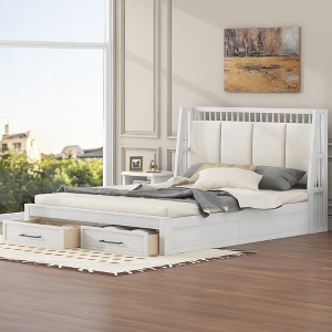 TIRAMISUBEST Full/Queen Size Wood Platform Bed with Upholstered Headboard and 2 Storage Drawers, Modern Bed Frame with Slats Support - 1 of 4