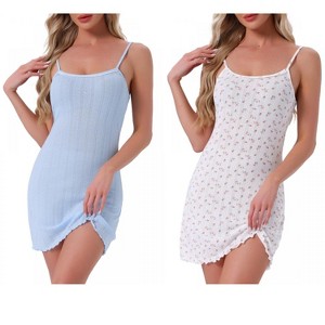 INSPIRE CHIC Women's 2 Pcs Spaghetti Strap Sleeveless Ruffle Hem Pointelle Mini Sleep Shirt - 1 of 4