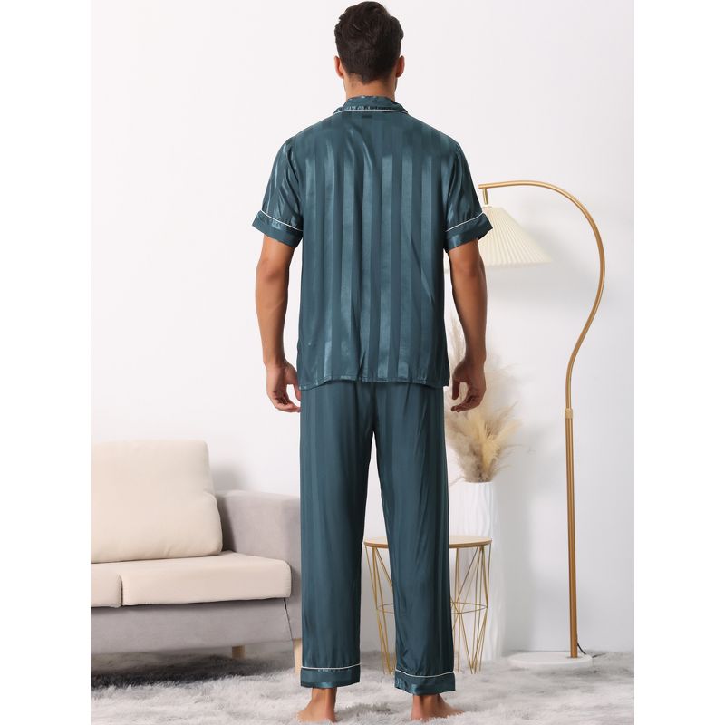 cheibear Men Striped Satin Button Down Short Sleeve Long Pants Pajama Set, 4 of 7