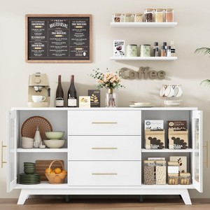 TROPOW Buffet Cabinet - White & Natural Coffee Bar Storage with Drawers, Adjustable Shelves & Fluted Glass Doors for Kitchen & Dining Room - 1 of 4