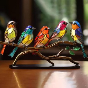 1Pc Birds on Branch, Colorful Acrylic Birds Desktop Ornaments Modern Style Home Decorations for Living Room Bedroom Office(5 Birds) - 1 of 4