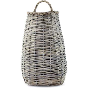 AuldHome Design Wall Hanging Pocket Basket; Woven Wicker Rustic Farmhouse Long Basket; 17 x 9 x 5 Inches