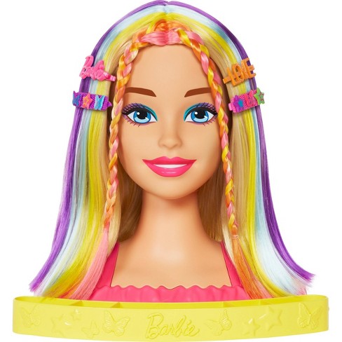 Barbie Doll Deluxe Styling Head with Color Reveal Accessories and Curly  Brown Neon Rainbow Hair, Doll Head for Hair Styling