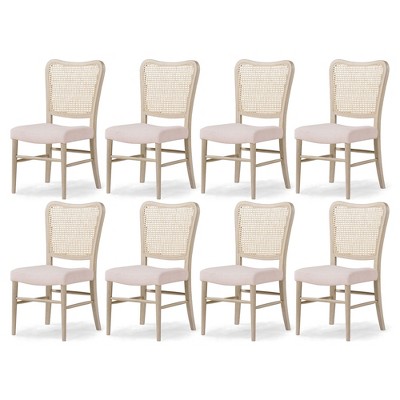 Maven Lane Vera Classical Wooden Dining Chair in Antiqued White Finish with Cream Weave Upholstery, Set of 8