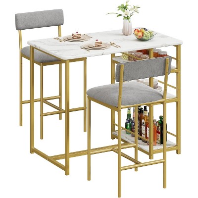 2-Person Dining Set - Marble Table w/2 Upholstered Chairs & 3-Tier Storage - Grey/Bistro Style