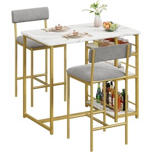 2-Person Dining Set - Marble Table w/2 Upholstered Chairs & 3-Tier Storage - Grey/Bistro Style - 1 of 4