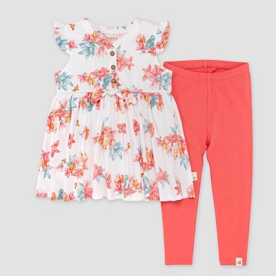 Image of Burt's Bees Baby® Girls' Paradise Floral Tunic & Capri Leggings Set - White/Pink 6-9M